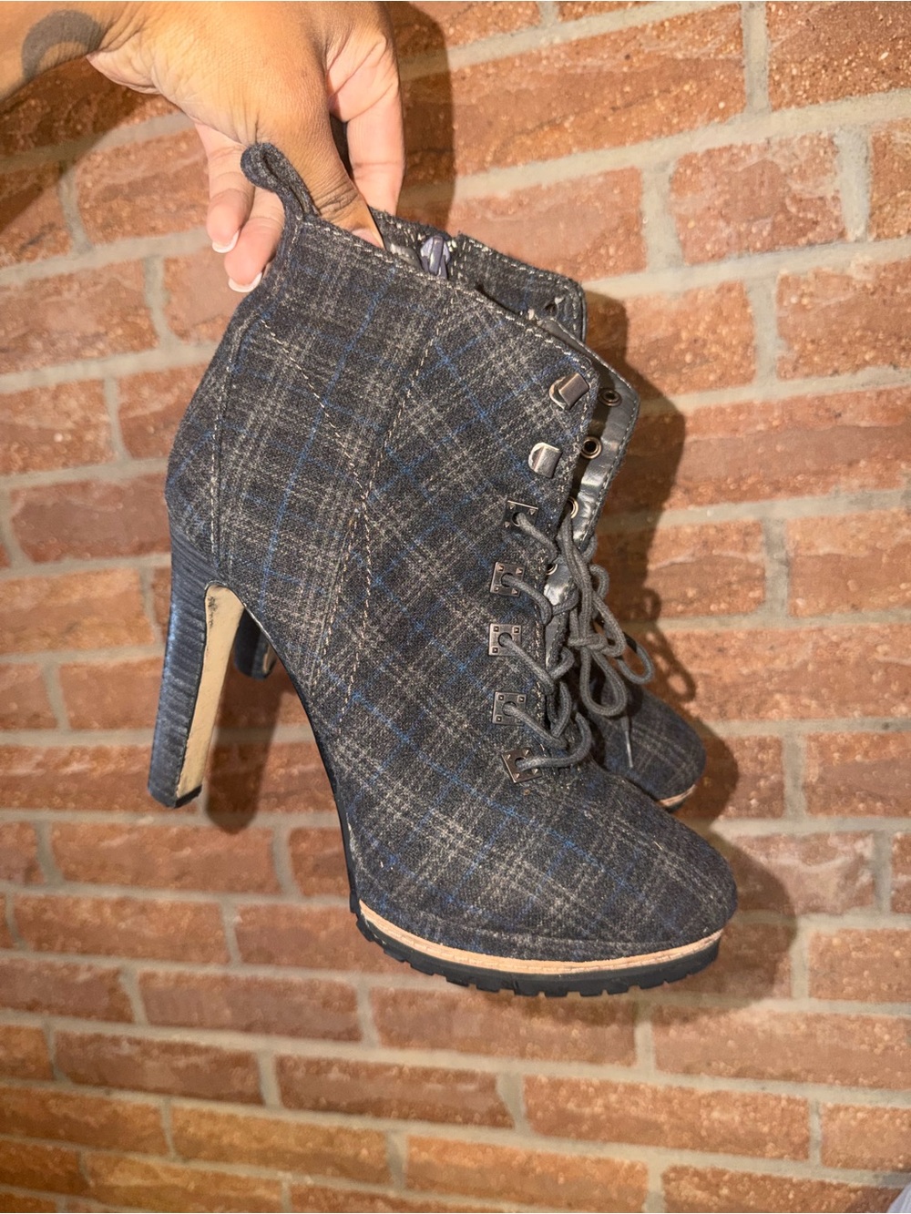 Plaid Lace-Up High Heel Ankle Boots - Gray/Blue